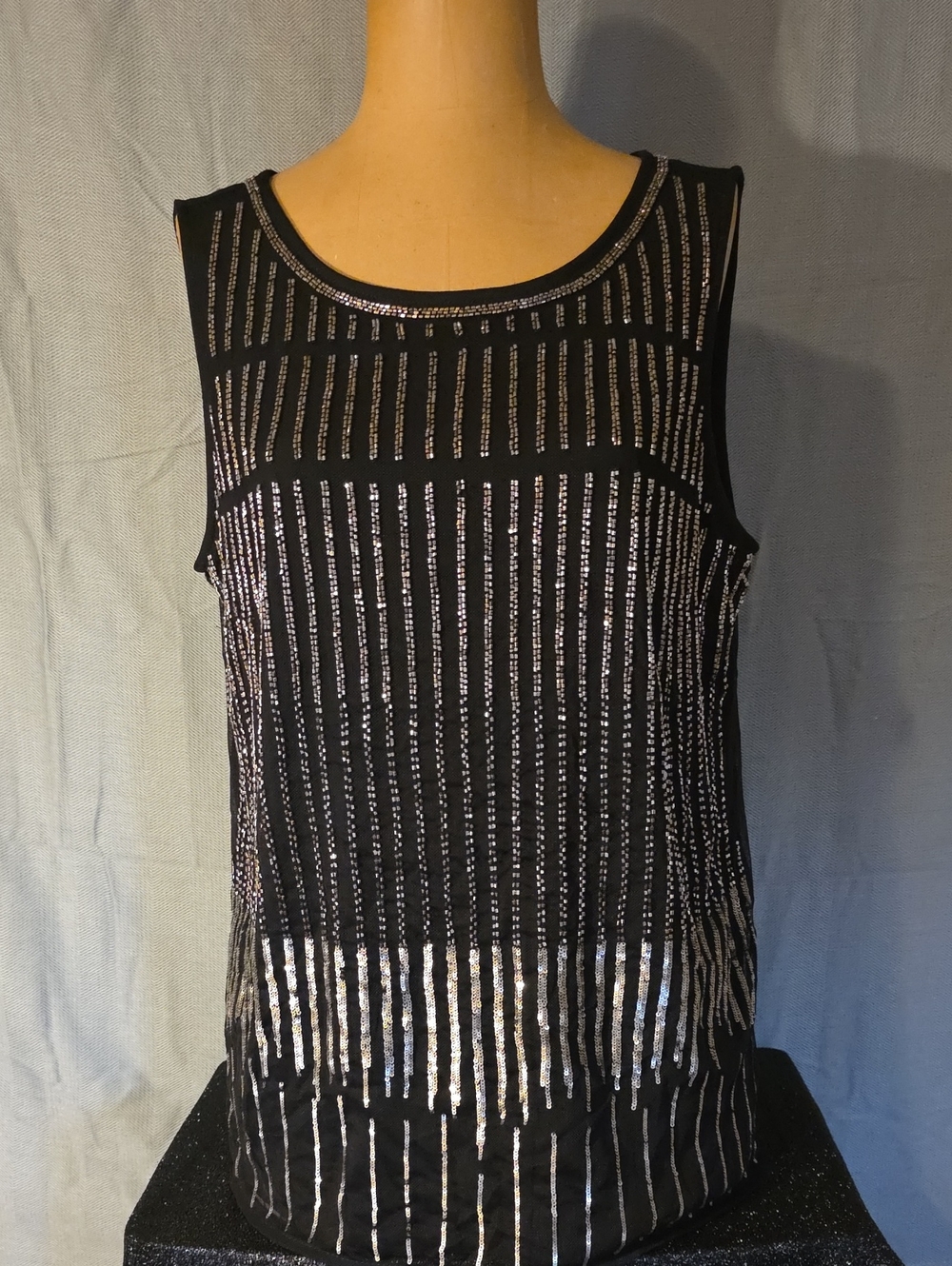 White House Black Market Black Tank with Silver Sequin Stripes